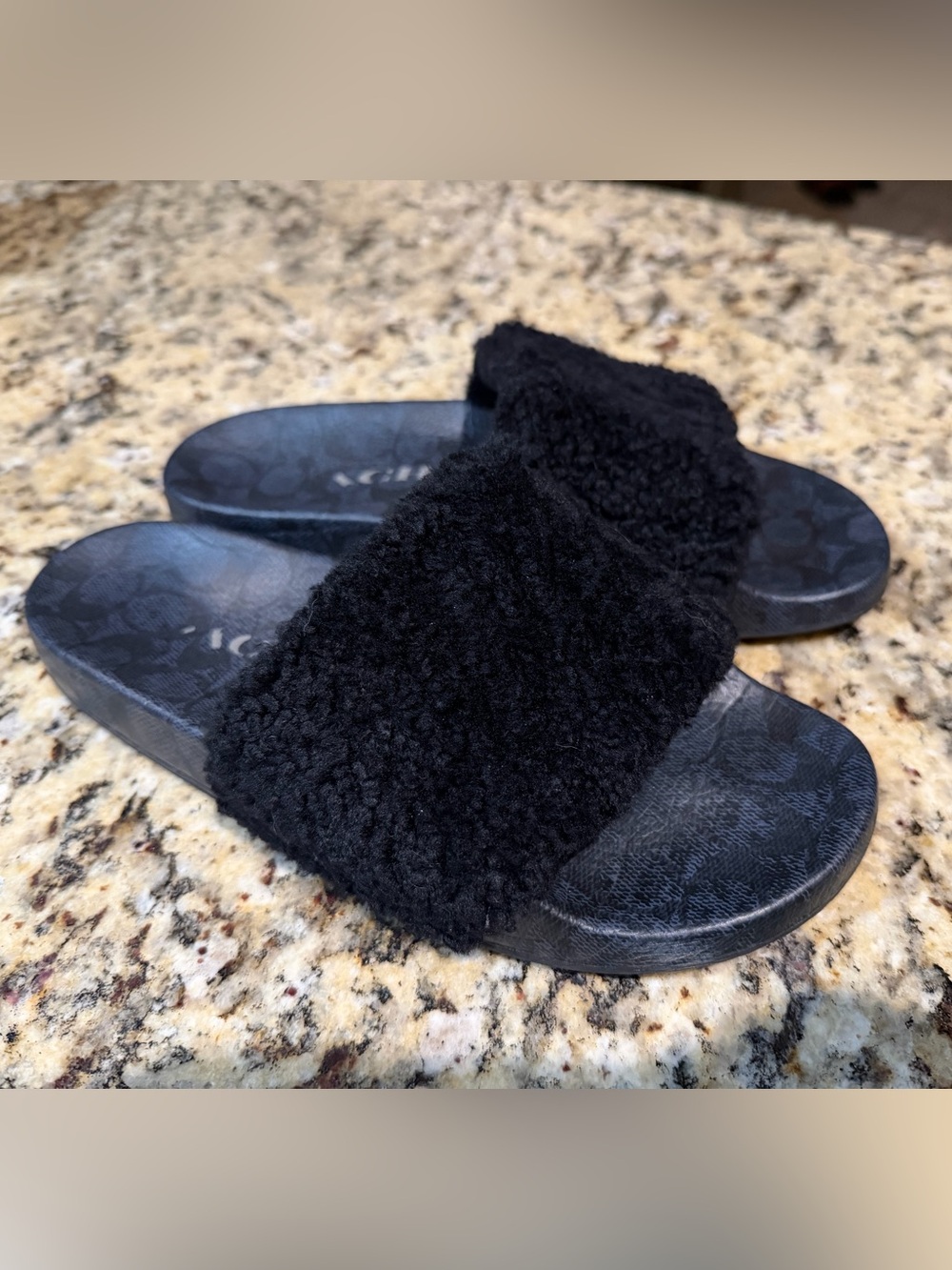 Coach Black Shearling fuzzy Slide Sandals